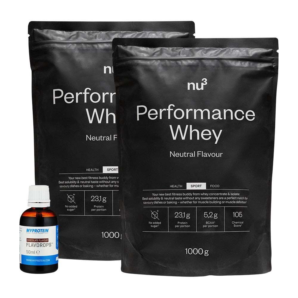 nu3 Performance Whey, Neutral + MyProtein FlavDrops, Schoko 1 St Set