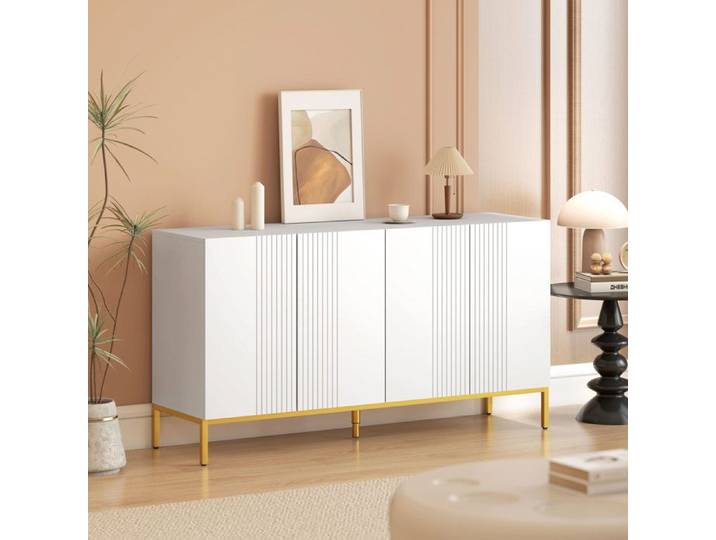 Buffet - Design contemporain graphique - 4 portes - étagères réglables - piètement métal doré