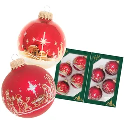 Krebs Glas Lauscha Weihnachtsrot glanz/Satin-Rot, 7cm Glaskugelset Banddekor Heilige Nacht 2-fach