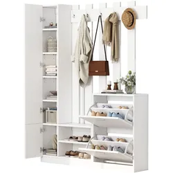 Garderoben-Set mit Spiegel, Schuhschränken und 5 Haken, 135x25x180, praktischer Stauraum für Flur, Weiß, modern und funktional