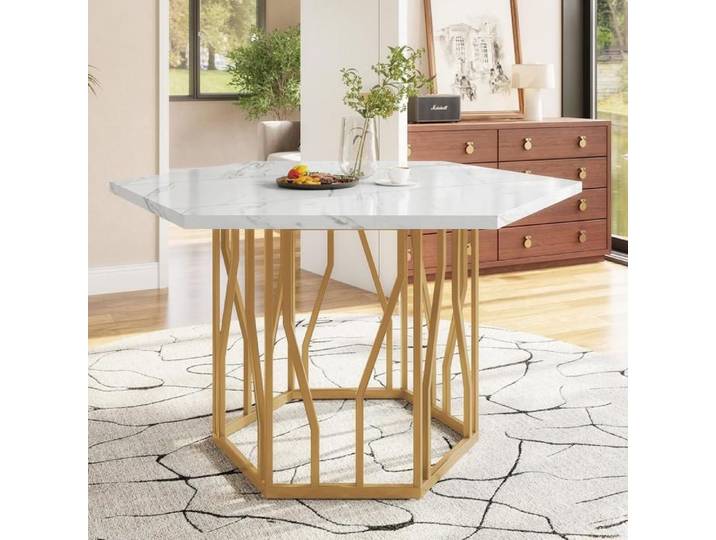 Table de salle à manger hexagonale en marbre avec un piètement en métal convenant aussi bien à la salle à manger qu'au salon