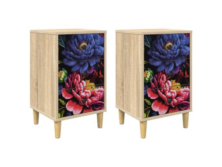 HGDFWRQW Nachttisch 2er Set, Nachtschrank Sonoma-Eiche 36x33x60cm Praktische Beistelltische fürs Schlafzimmer mit dekorativem Muster, schwarzen Stahlknöpfen und bodenfreien Füßen.