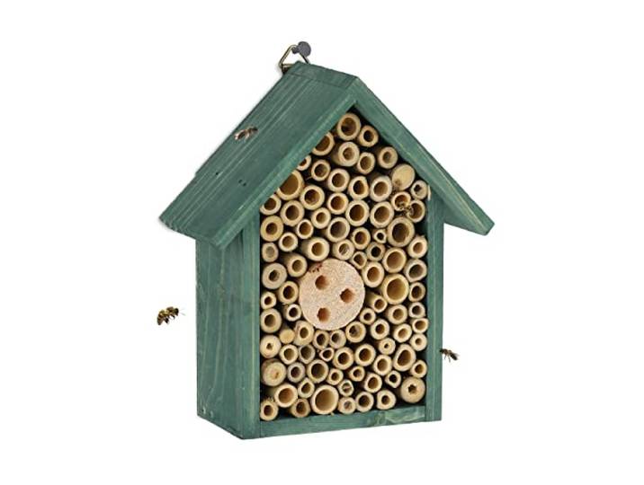 Relaxdays insectenhotel, dennenhout, tuin & balkon, voor wespen en wilde bijen, HBD: 20x17x8,5 cm, insectenhuisje, groen