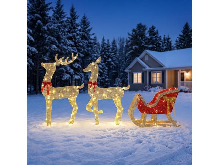 Outsunny Renne Noël 3D Extérieur 3pcs 200LED Blanc Chaud Minuterie