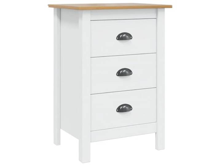 Fisinber Nachttisch Massivholz Beistelltisch Weiß Honigbraun 46x35x65 cm Kompakter Beistelltisch aus Kiefern-Massivholz mit 3 Schubladen für Schlafzimmer und Wohnzimmer in eleganter Holz-Optik.