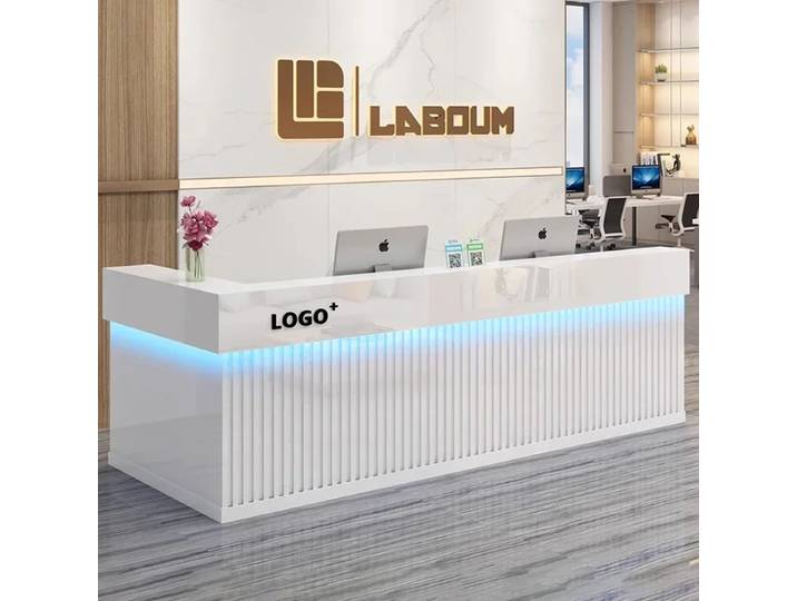 Comptoir de réception moderne et esthétique, de luxe et tendance, avec rangement et présentoir, style vintage, pour salon, mobilier commercial