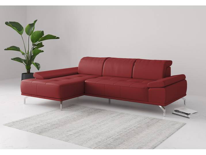 Ecksofa, 280x174 cm, Naturleder, Feuerrot, Sitztiefenverstellung, Modern