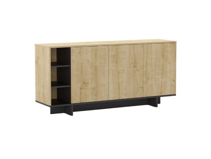 Buffet 3 portes 3 niches 170cm en mélaminé imitation bois et noir