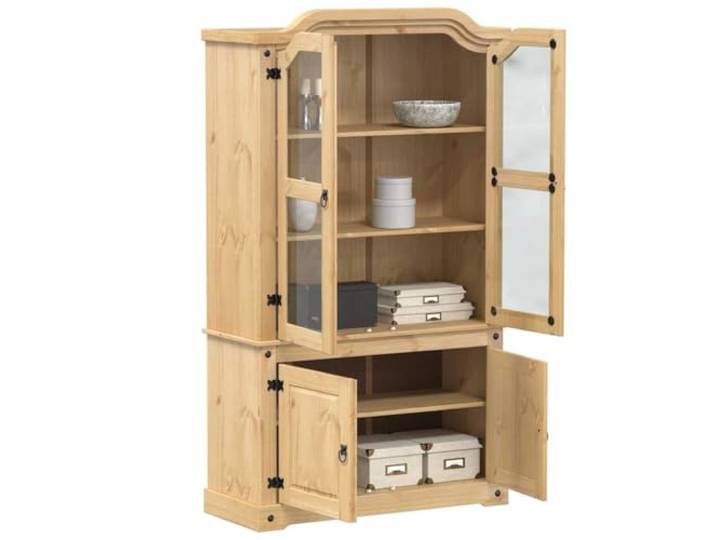 HEFZGDB Kiefernholz Vitrine für Sammlungen Rustikale Holzvitrine mit Glasfront Massivholz Vitrine mit Glastüren Massivholz Schrank mit Glastüren für Dekoartikel aus Kiefer