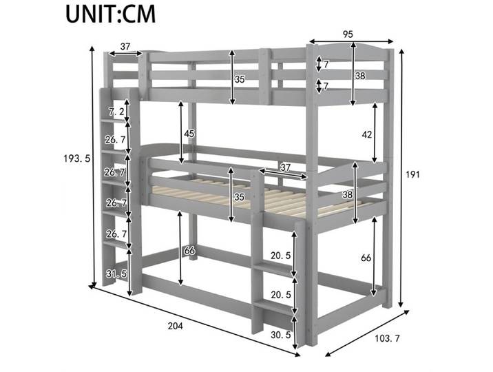 Lit d'étage 90*200cm lit d'étage en bois à trois étages pour enfants sans matelas gris (90*200cm)
