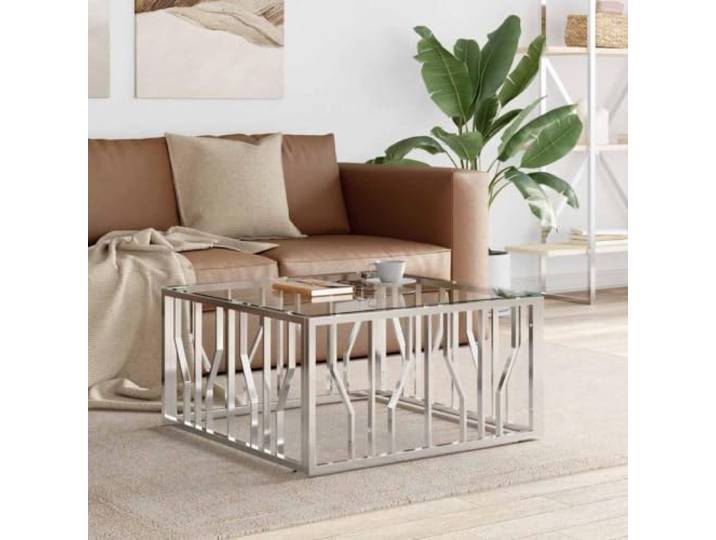 HEFZGDB Edelstahl Couchtisch 80x80x40 cm mit Glasplatte, robuster Beistelltisch für Wohnzimmer, langlebiges Möbelstück, leicht zu reinigen, vielseitig als Ablagetisch nutzbar.