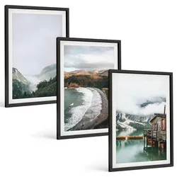 BILDER SET 3er Set - 40x60 cm Schwarzer Rahmen - Berge, Strand, Wolken, Wasser