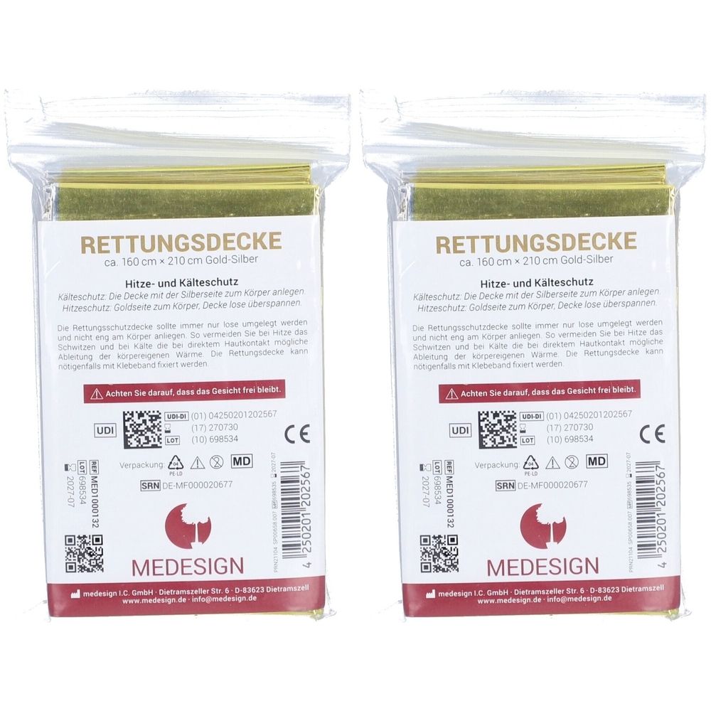 Rettungsdecke 160x220 cm gold/silber 2x 2x1 St