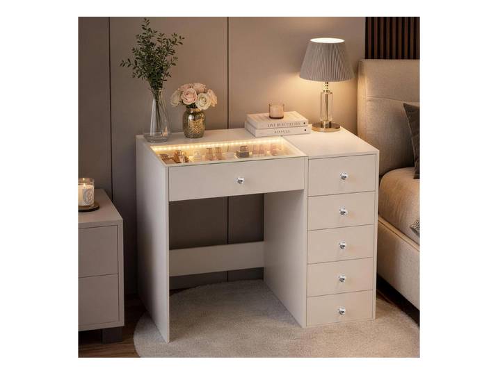 FENCHILIN Schminktisch mit Beleuchtung 6 Schubladen weiß 92x55x81cm (1-St), Kosmetiktisch mit Glasabdeckung und Kristallgriffen für Schlafzimmer