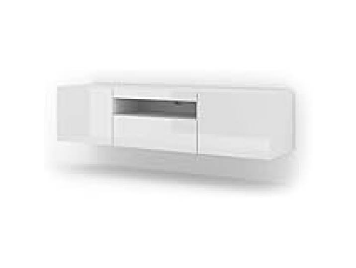 Aura Meuble TV Bas Universel 150 cm à Suspendre ou à Poser Armoire Hi-FI avec LED Blanc Brillant
