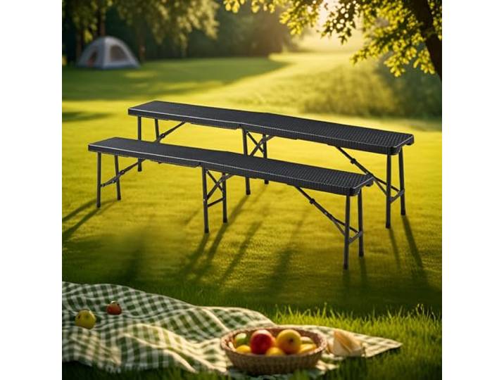 [en.casa] Klappbank-Set Mark 2-TLG. Gartenbank klappbar Campingbank 180 x 25 x 43 cm Rattanoptik Schwarz Outdoor Bank tragbar