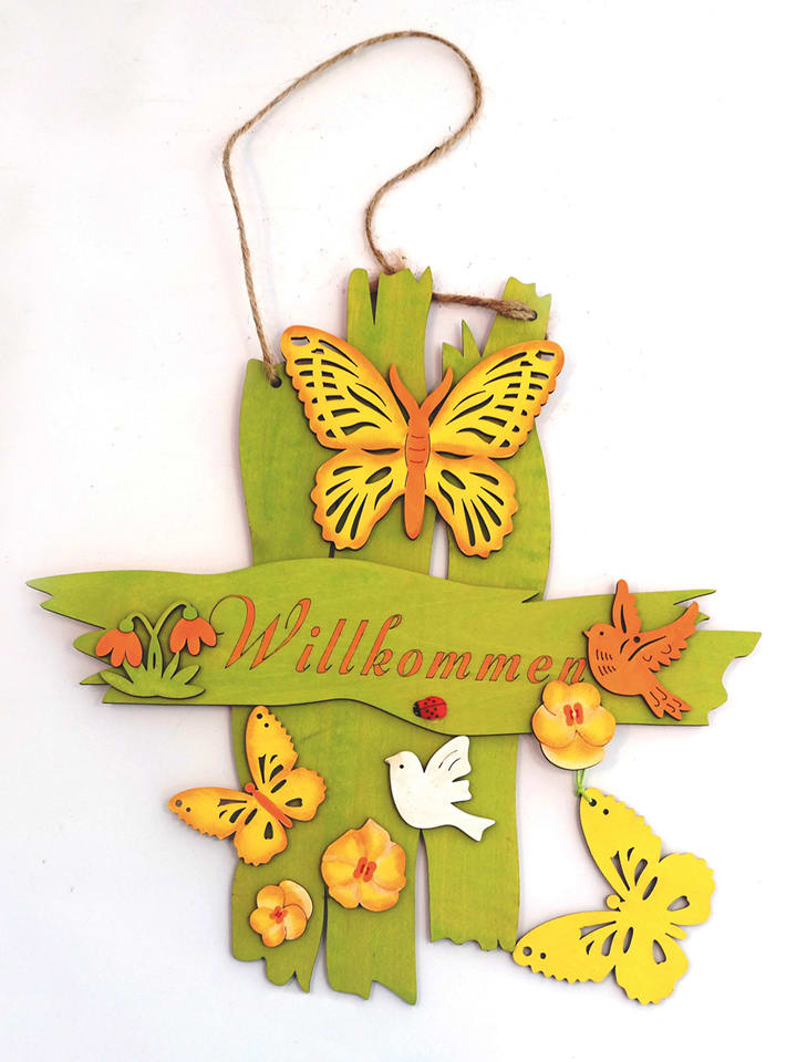 HGD Holz-Glas-Design Dekoschild "Willkommen" in Hellgrün/ Bunt - (B)28 x (H)31 x (T)2 cm - onesize