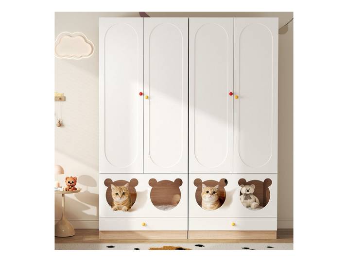 Celya Kinderkleiderschrank Kinderkleiderschrank mit Bügelstange (80×50×200cm, für Schlafzimmer geeignet, bunte Keramikgriffen, Weiß + Naturholzfarbe) mit Katzenbett, Lackierte Platten + Spanplatte