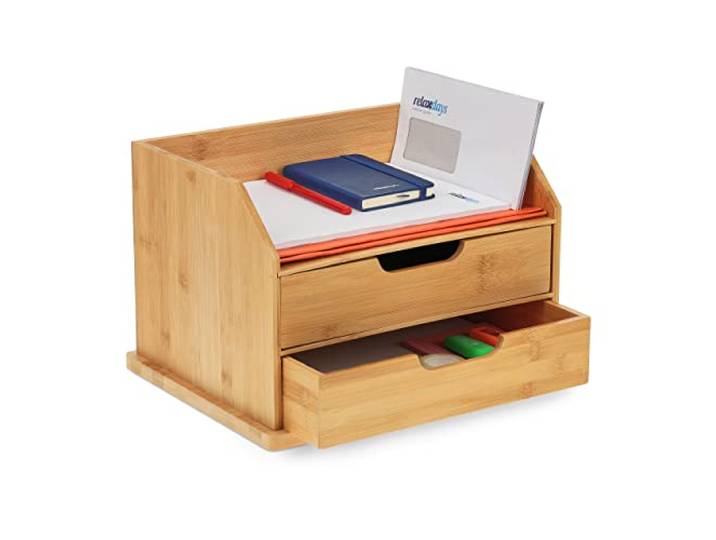 Relaxdays Organiseur de Bureau\, 2 tiroirs\, pour Espace de Travail\, Lettres et Documents\, HLP 24x36x28 cm\, Bambou\, Nature