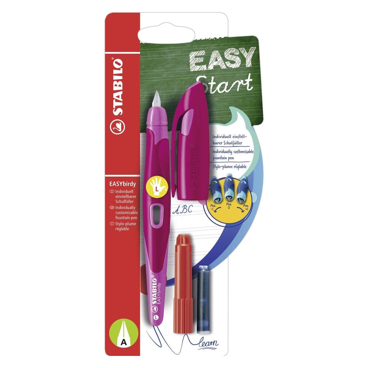 Stabilo Ergonomischer Schulfüller für Linkshänder mit Anfänger-Feder A - EASYbirdy in beere/pink - E (1x) (B-54418-3)