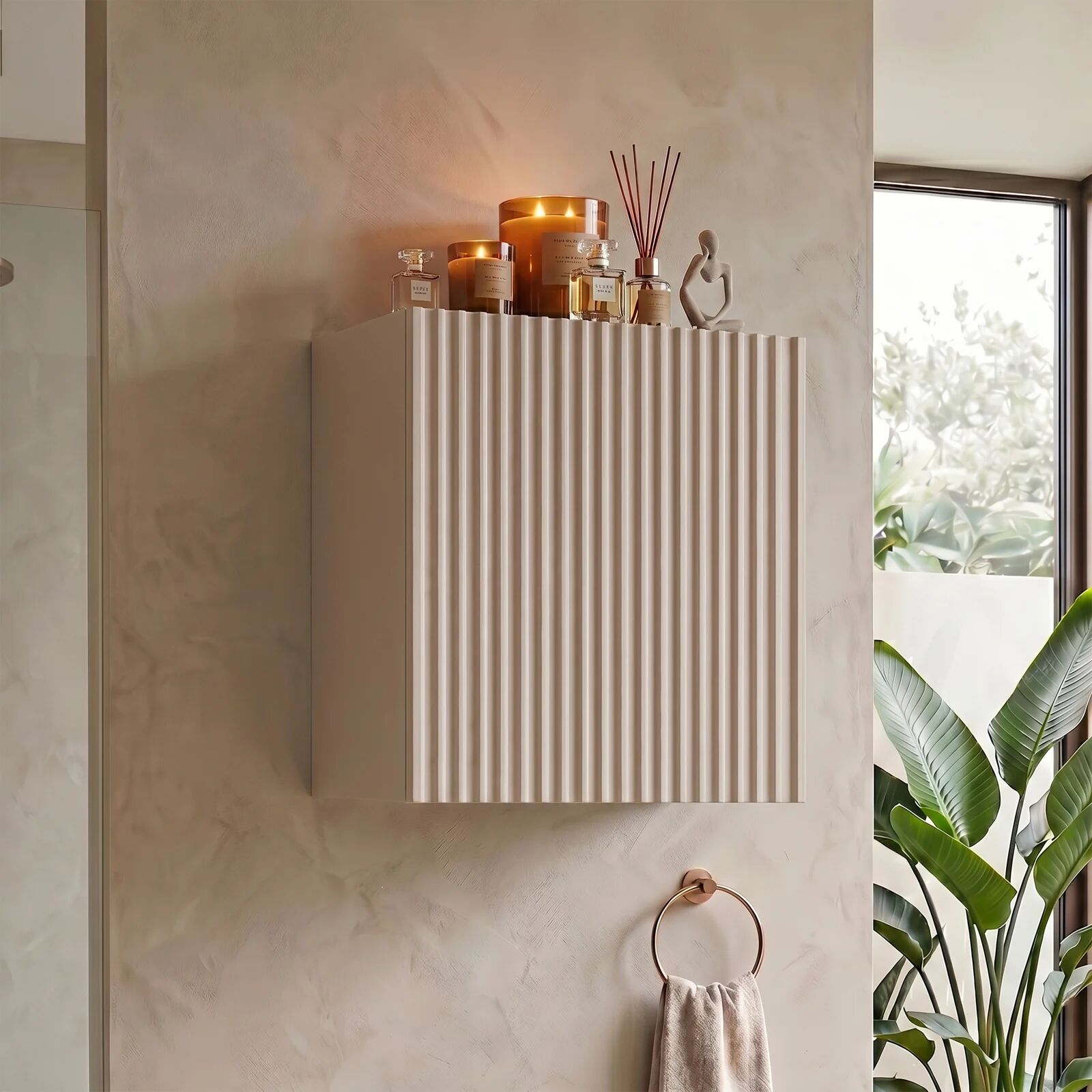 garneroarredamenti Pensile cubo bagno sospeso 30x30h cm cannettato 1 anta beige Cleany
