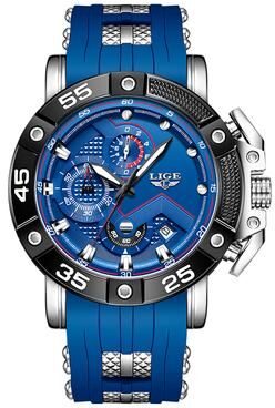 PRiME LIGE Mens Big Dial Military Sports Watch, Top Brand Luxury Quartz Watch For Men, Waterproof Silicone Strap Watch silver Blue