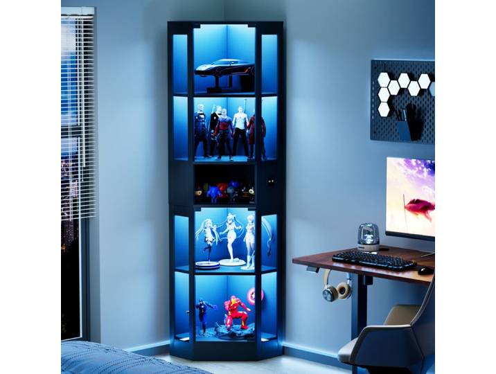 Vitrine en verre LED 3 couleurs avec capteur de mouvement 2 portes push-to-open 5 niveaux de rangement salon/chambre noir