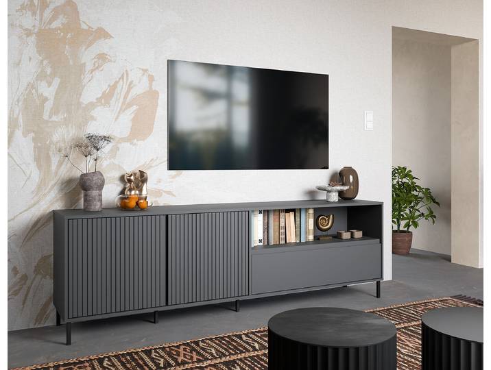 Meuble TV Jitang MDF panneau de fibres de bois à densité moyenne , laqué Gris/Anthracite 208cm