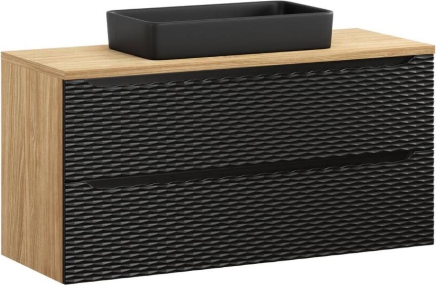 Badezimmer-Set YOKA schwarz: Waschbeckenunterschrank mit Schubladen 120 cm + Platte für Aufsatzwaschbecken + Aufsatzwaschbecken