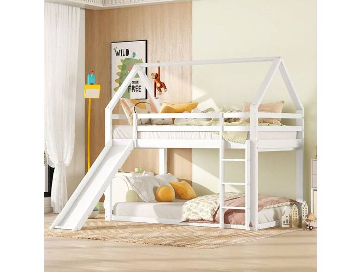 Lit mezzanine pour 2 enfants 90 x 200 cm blanc avec protection anti-chute toboggan et escalier peuvent changer de place