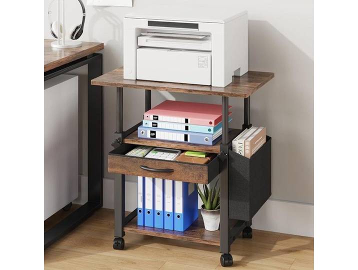Support Imprimante 3 Niveaux Réglable sur roulettes Meuble pour Imprimante avec Tiroir et Sac Latéral Étagère Bureau 56x38 cm Brun