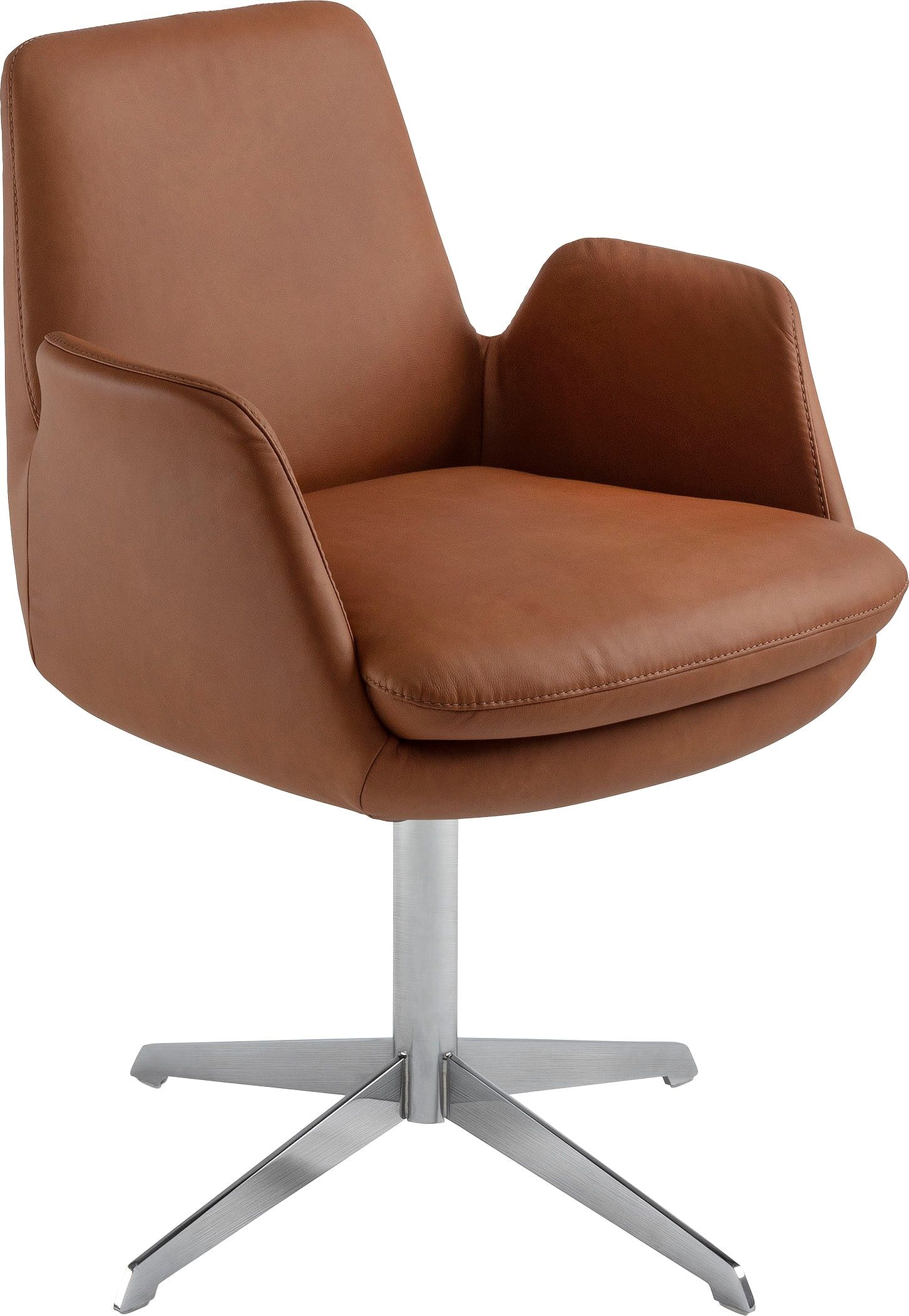Drehstuhl K+W KOMFORT & WOHNEN "Cube", braun (brandy 72, edelstahloptik), B:63cm H:84cm T:65cm, Stühle, Drehstuhl, Rückholfunktion, Untergestell Edelstahloptik brandy 72, edelstahloptik B/H/T: 63cm x 84cm x 65cm, Leder CLOUD