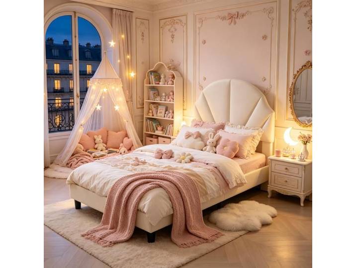 Lit Enfant Fille 90x200 EZSSW Velours Beige Tête de lit coquillage réglable en hauteur lit simple princesse cadre de lit enfant