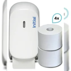 SET: Doppelrollenspender Signature, antibakterielle, Weiß ODER Silber + 4 Rollen Premium Toilettenpapier, Rentokil INITIAL