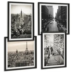 BILDER SET 4er Set - 50x50 cm & 40x60 cm Schwarzer Rahmen - Aussicht Paris New York Treppen