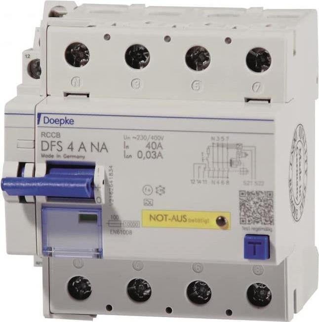 Doepke FI-schakelaar DFS4 040-4/0,03-A NA, 4-polig, 40A, 0,03A, Type A, Noodstop, links