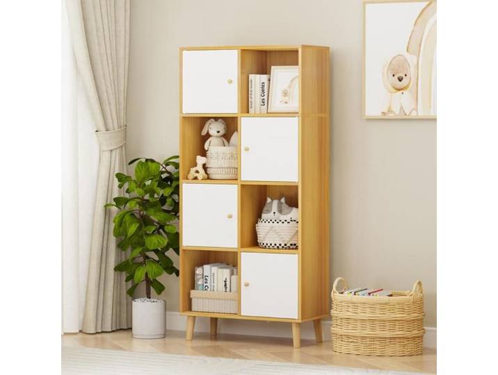MIPAN.Jaune Bibliothèque avec 8 Cubes Meuble de Rangement Bibliothèque Étagère Rangement avec 4 Portes - 64.5x30x138cm