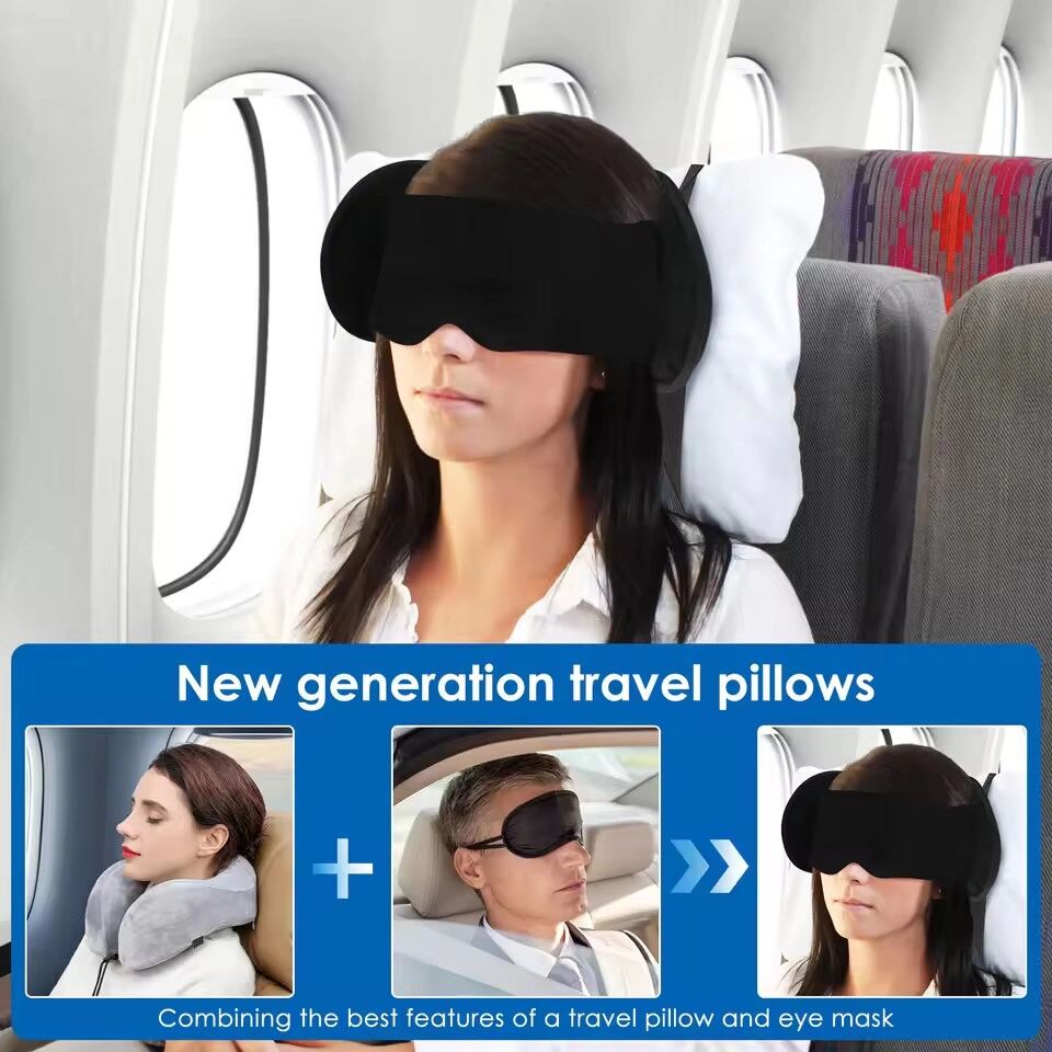 INF Oreiller de voyage avion avec masque de sommeil – Coton, soutien cou 360° anti-basculement, noir
