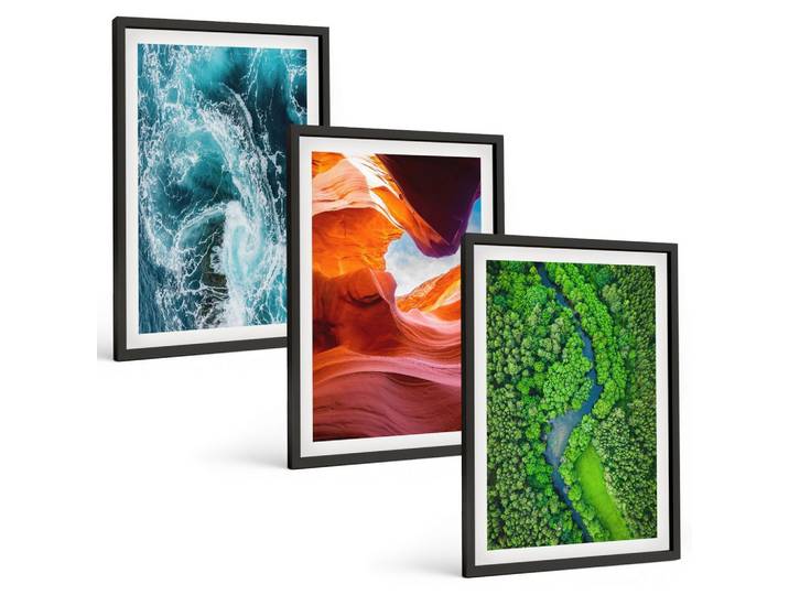 BILDER SET 3er Set - 40x60 cm Schwarzer Rahmen - Wasserbewegung Canyon grüner Wald
