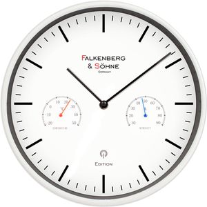 Falkenberg&Söhne Wanduhr Kunststoff, analog, Funkuhr, Ø 25 cm, weiß, mit Thermometer & Hygrometer, lautlos