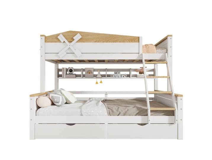 Redom Etagenbett 90/200 cm & 140/200 cm mit Regalen, Schubladen und Windmühlen-Design, Weiß/Natur, 90x200 cm, Babymöbel & Kindermöbel, Kinderzimmer & Jugendzimmer, Stockbetten