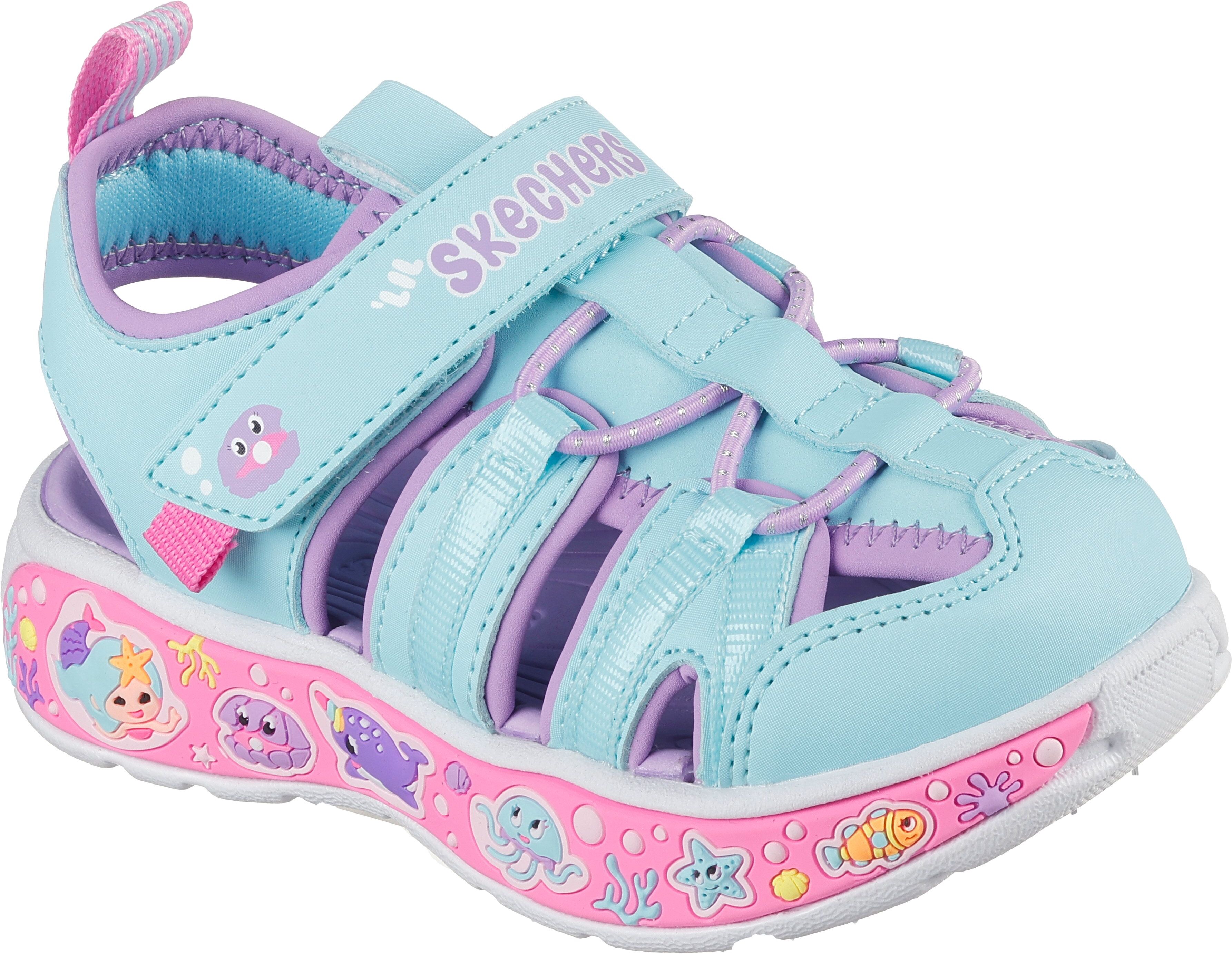 Sandale SKECHERS "PLAY SCENE SPLASH", Mädchen, Gr. 25, atmungsaktiv, bunt (türkis, violett), Lederimitat, Schuhe Sandale, Badeschuh mit bunter Sohle, Grössenschablone zum Download türkis, violett 25, atmungsaktiv