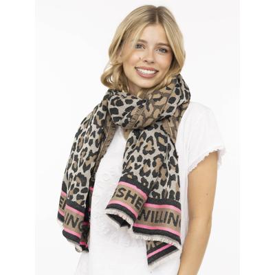 Schal ZWILLINGSHERZ "Leo Allover", Damen, braun (beige), Obermaterial: 60% Polyacryl, 25% Baumwolle, 15% Wolle, Modetücher Schal, Leo Muster, Zwillingsherz Schriftzug, Fransenabschluss, Wollanteil
