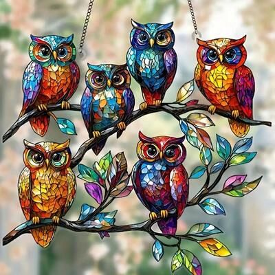 Uplifted Finds Prismatic Owl Family Window Suncatcher   Colorful Stained Glass Style Pendant For Home & Garden Decor b