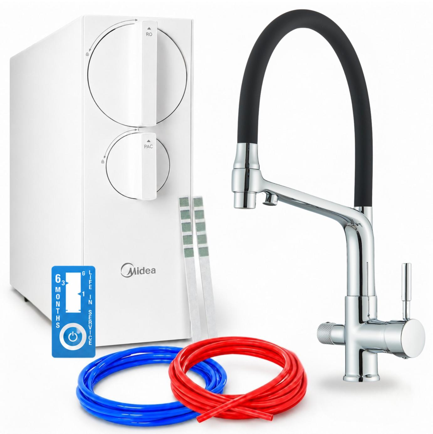 Umkehrosmose Wasserfiltersystem Ari Flexible Mit Küchenarmatur, Zweigriffarmatur, Keramikkartusche, Perlator, 360 Grad Schwenkbar, Messing, Chrom