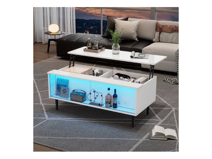 Fine Life Pro Couchtisch Weißer Couchtisch, höhenverstellbar, LED, Stauraum, Glasfläche, 105x50x43 cm, 4 Beine, Sofatisch für Wohnzimmer, modern & praktisch