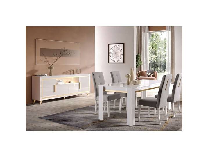 JEMMA - Ensemble Séjour Blanc Décor Doré Table 160cm + Buffet avec Leds