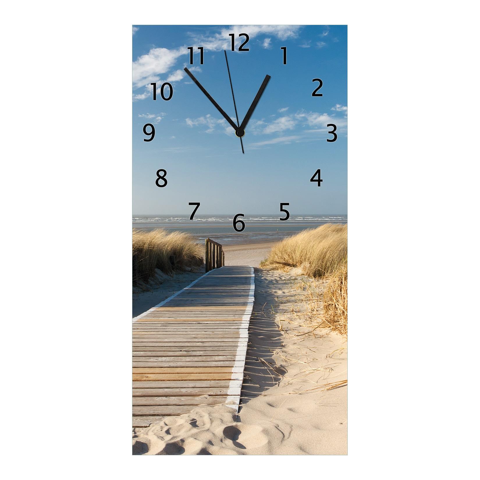 Wallario Uhr 30 x 60 cm, schwarze Zeiger Auf dem Holzweg zum Strand