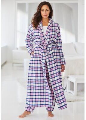 Plus Size Women's Long Flannel Robe by Dreams & Co. in Pink Plaid (Size 4X)