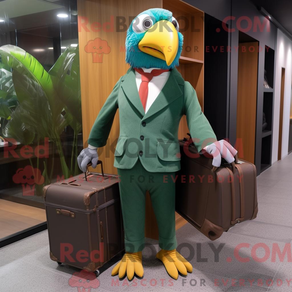 Waldgrüner REDBROKOLY Ara-Maskottchen-Kostümcharakter mit Anzugjacke und Aktentasche